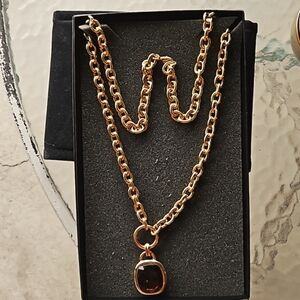 Womens gold co chain with faux brown topaz stone, single chain, approx 30 inches